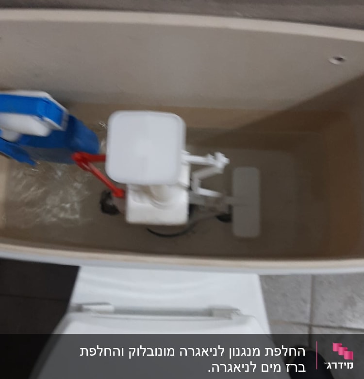 מיכל הדחה פתוח עם מנגנון פנימי של אסלה